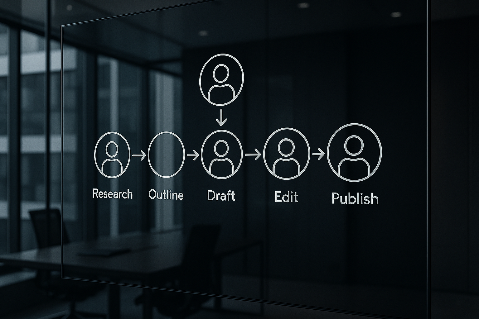 Workflow diagram on dark glass board showing stages from research to publish