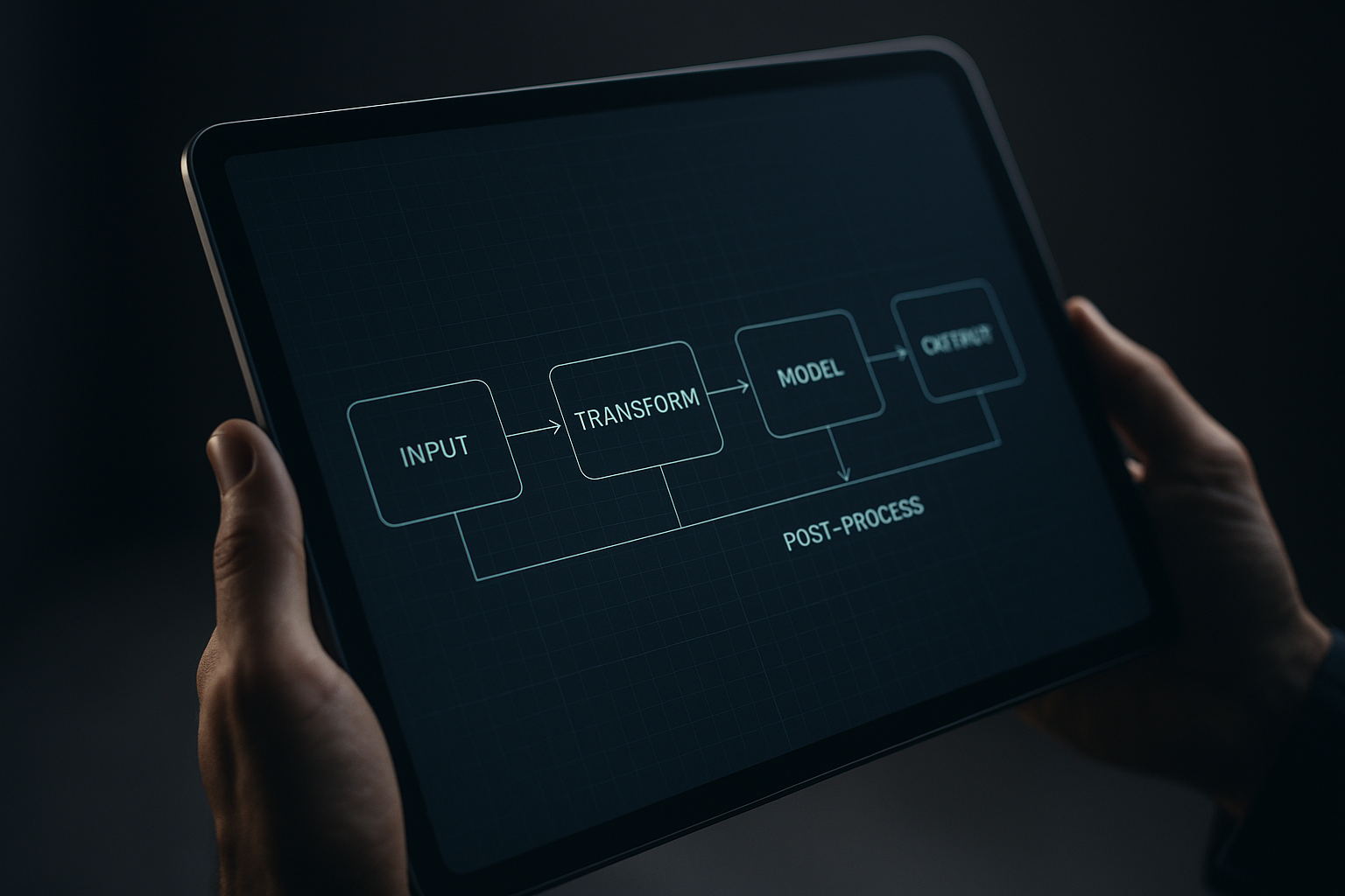 Blueprint-style diagram of an AI pipeline on a tablet