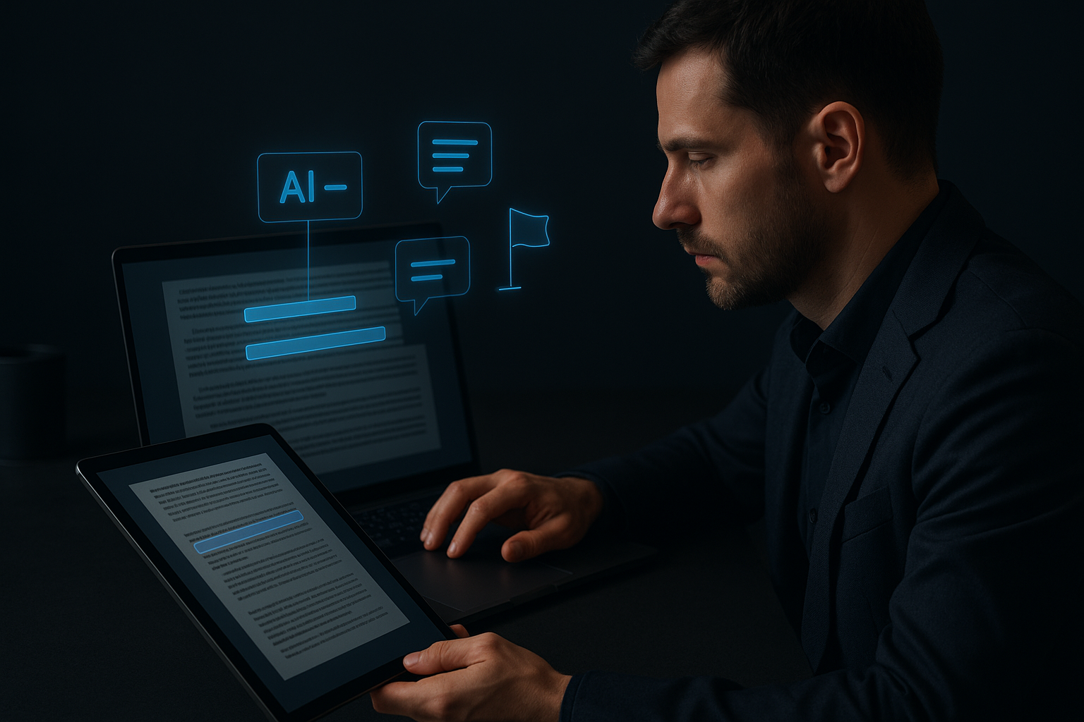 Analyst performing human review on AI outputs