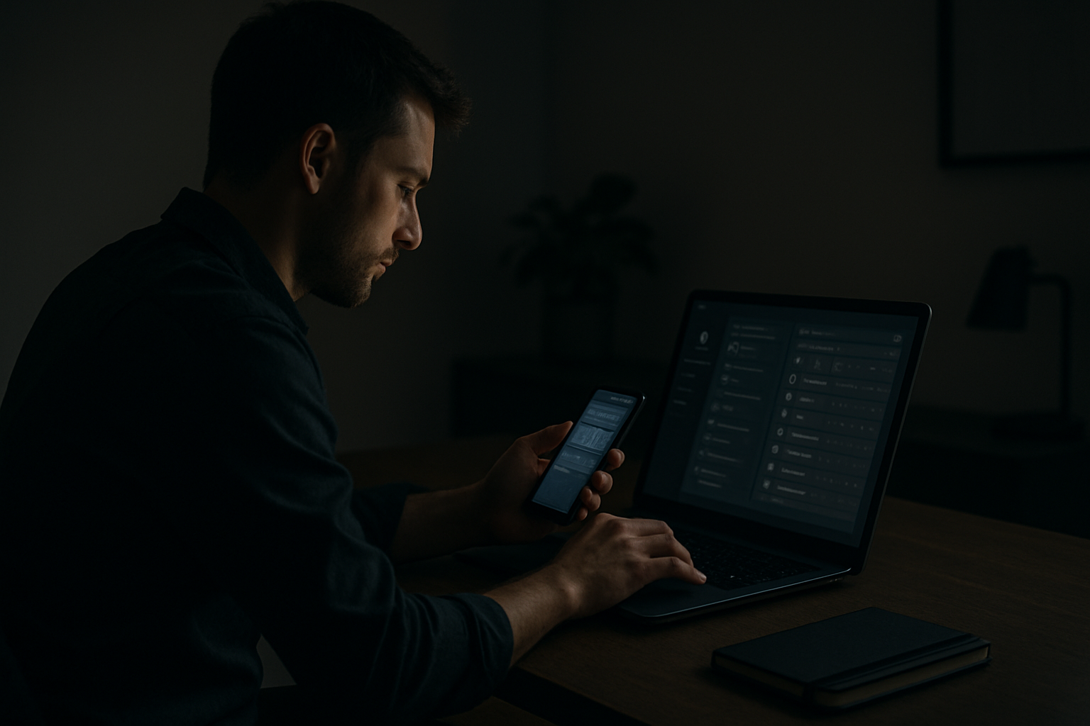 Person at a desk with multiple devices and calm notifications indicating automation