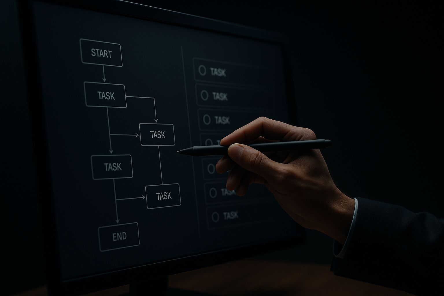 Workflow mapping on a dark screen