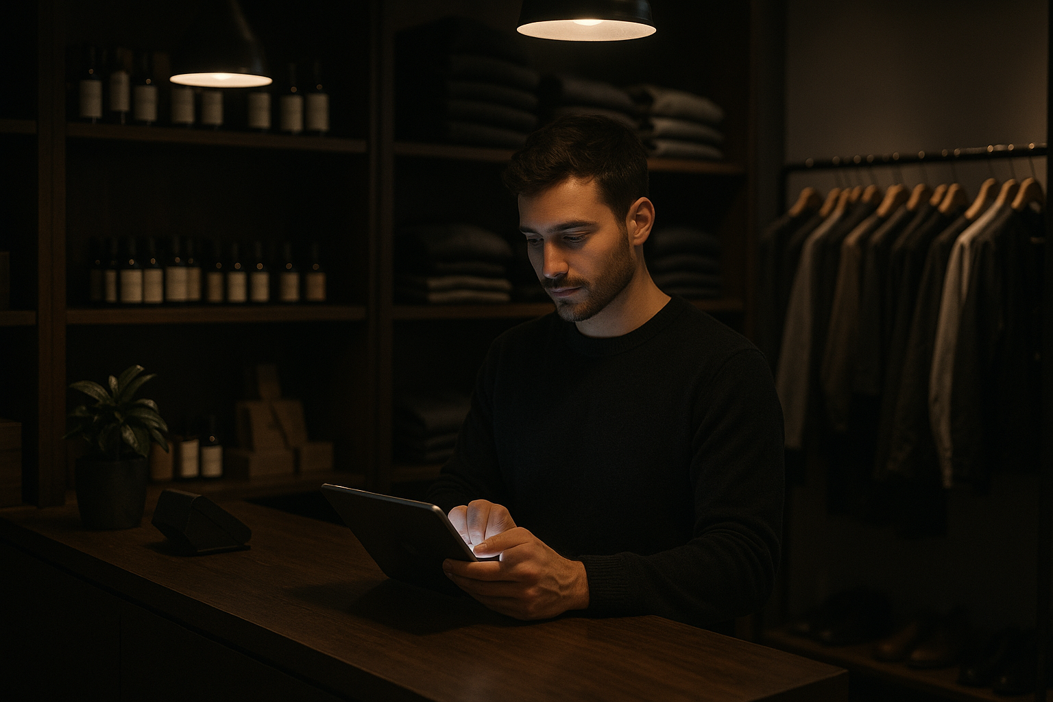 Local store staff using a tablet at checkout