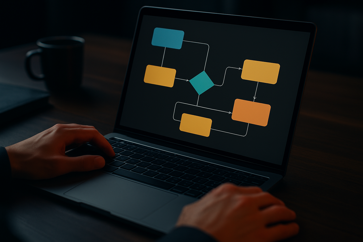 Laptop showing a simple automation flow on a dark desk