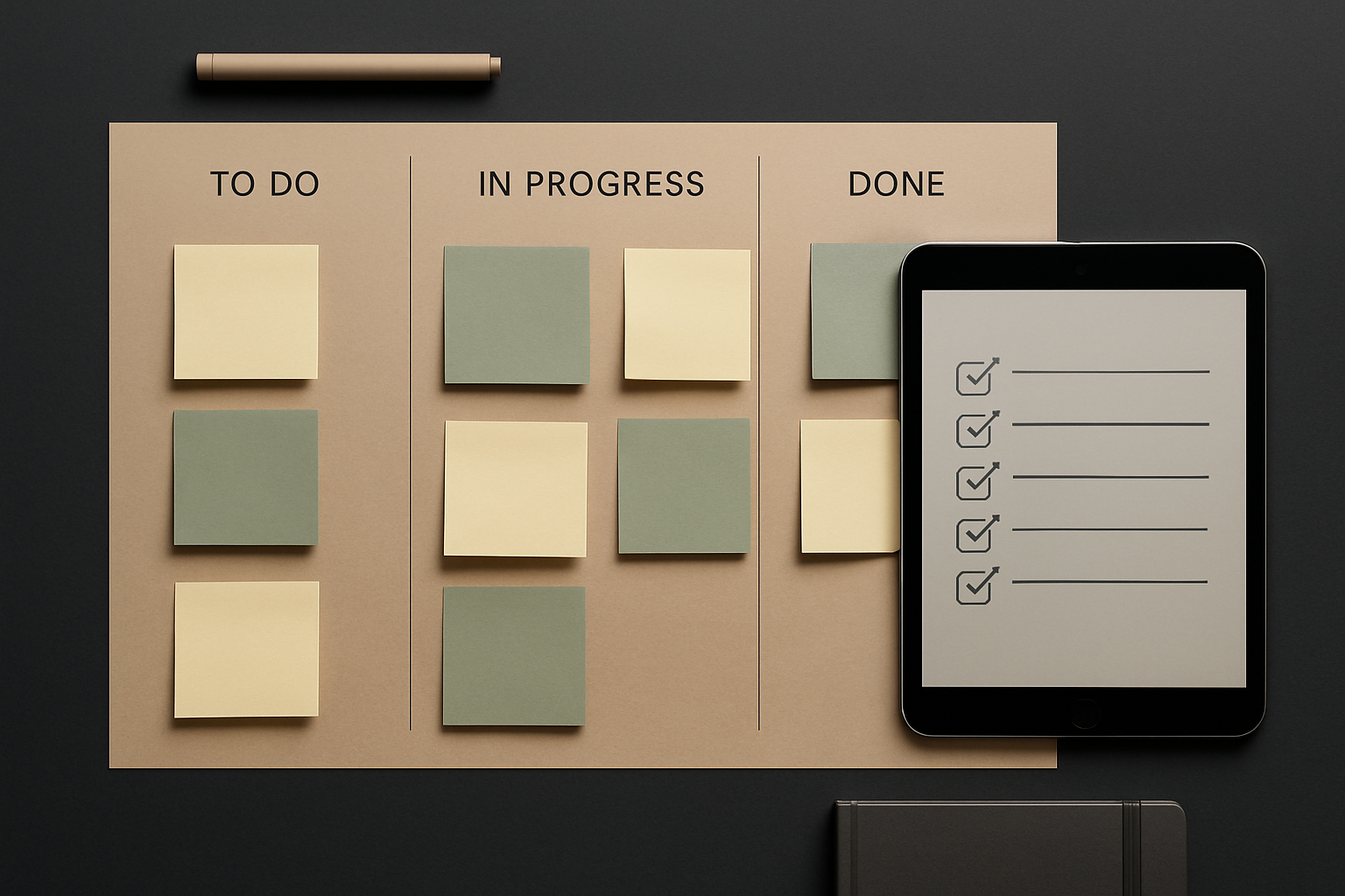 Printed planning board and tablet with checklist