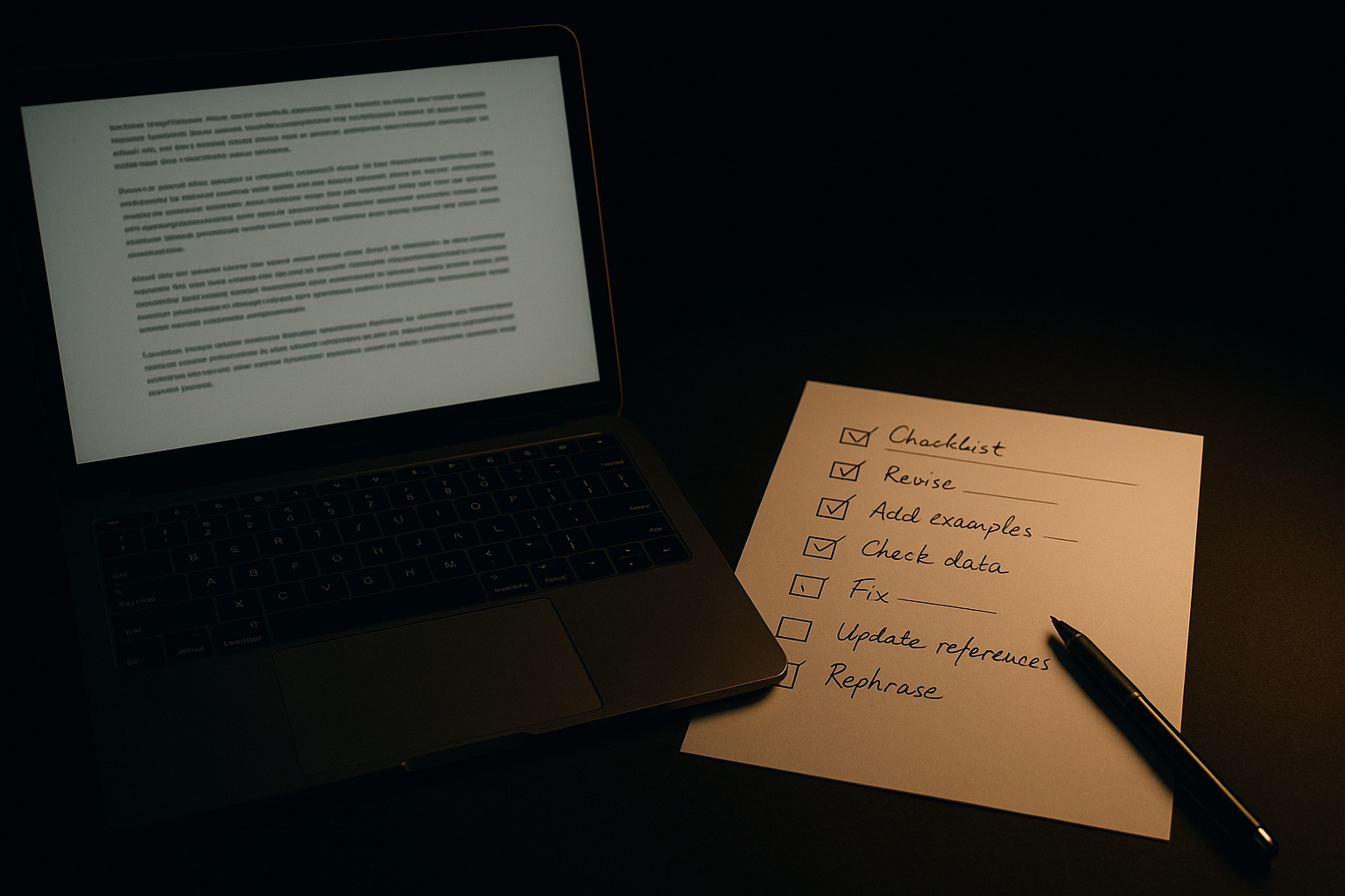 Editing checklist on a laptop screen with notes