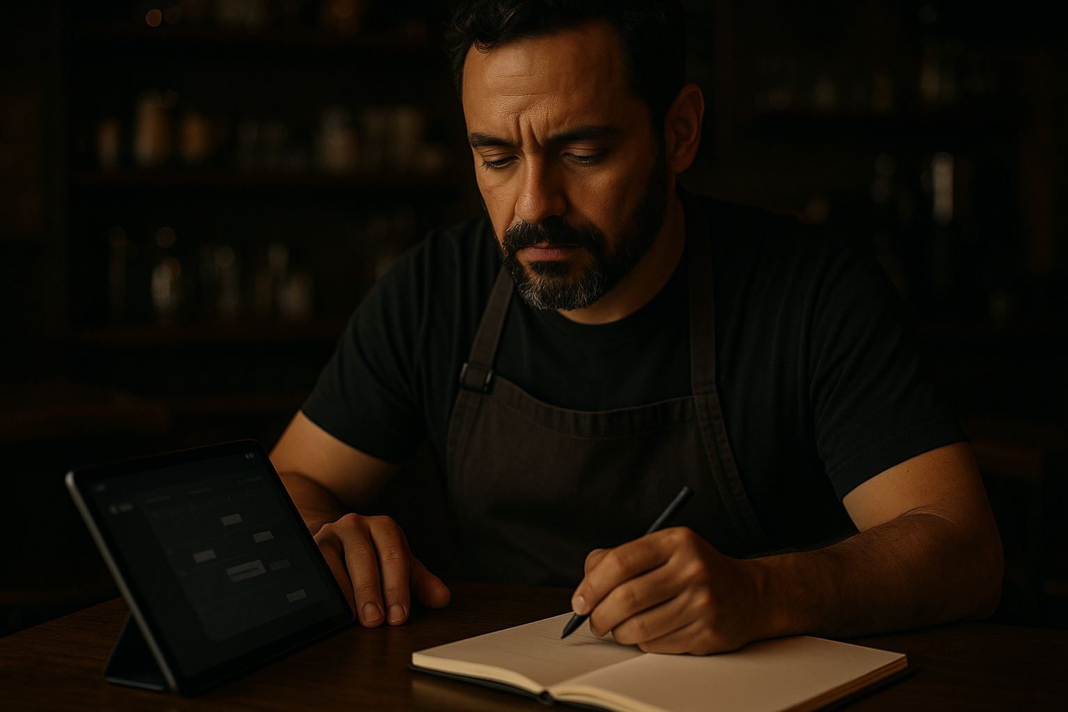 Small business owner making notes beside a tablet