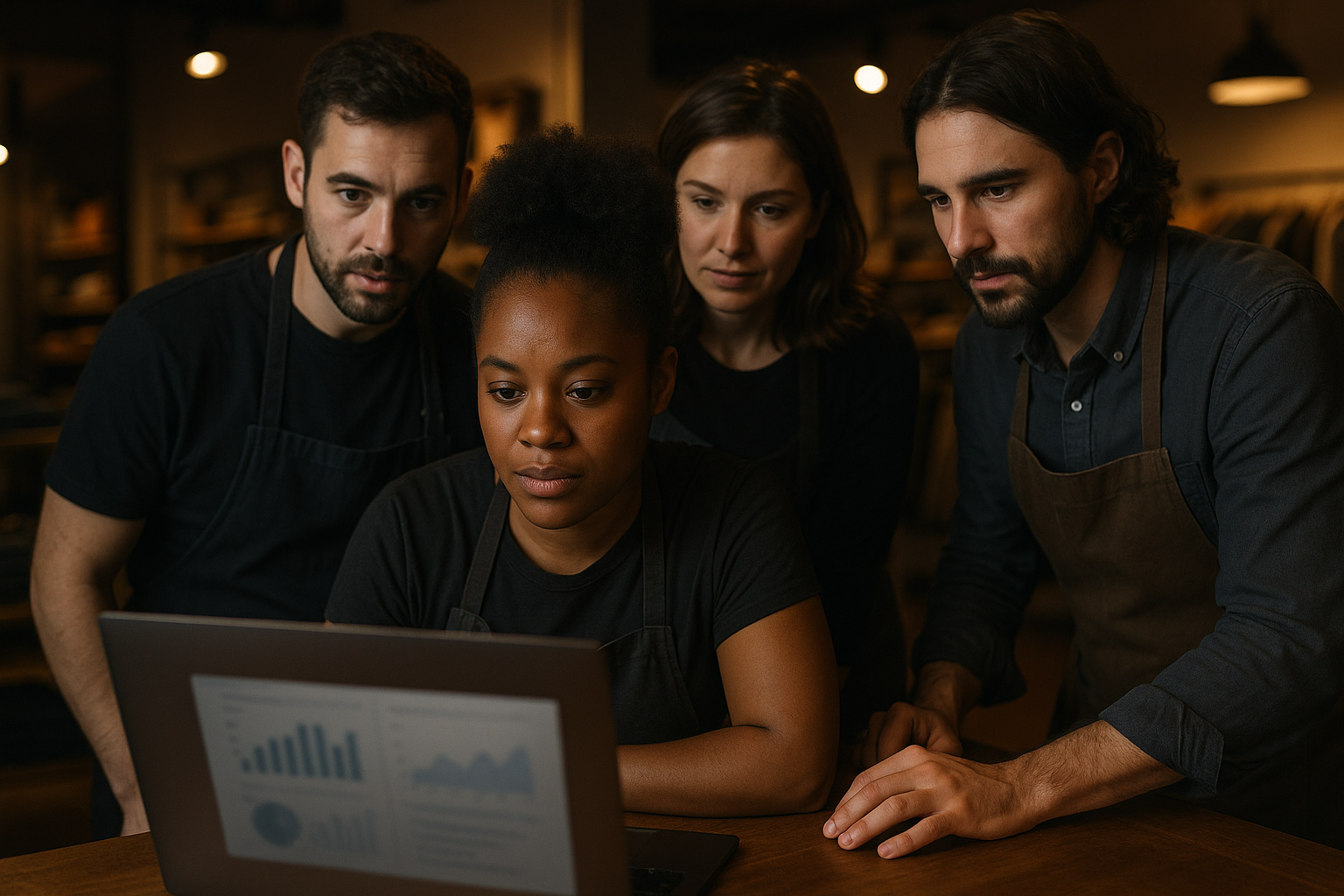 Team reviewing results on a laptop in-store