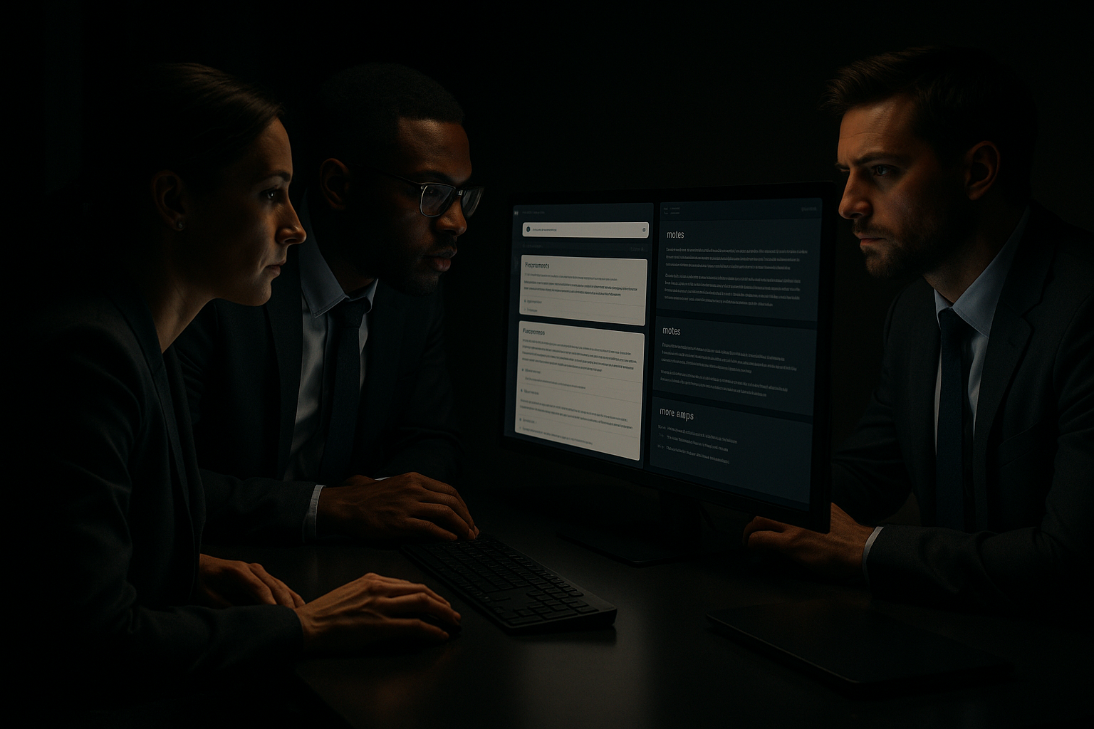 Team using an AI workspace on monitors in a modern office