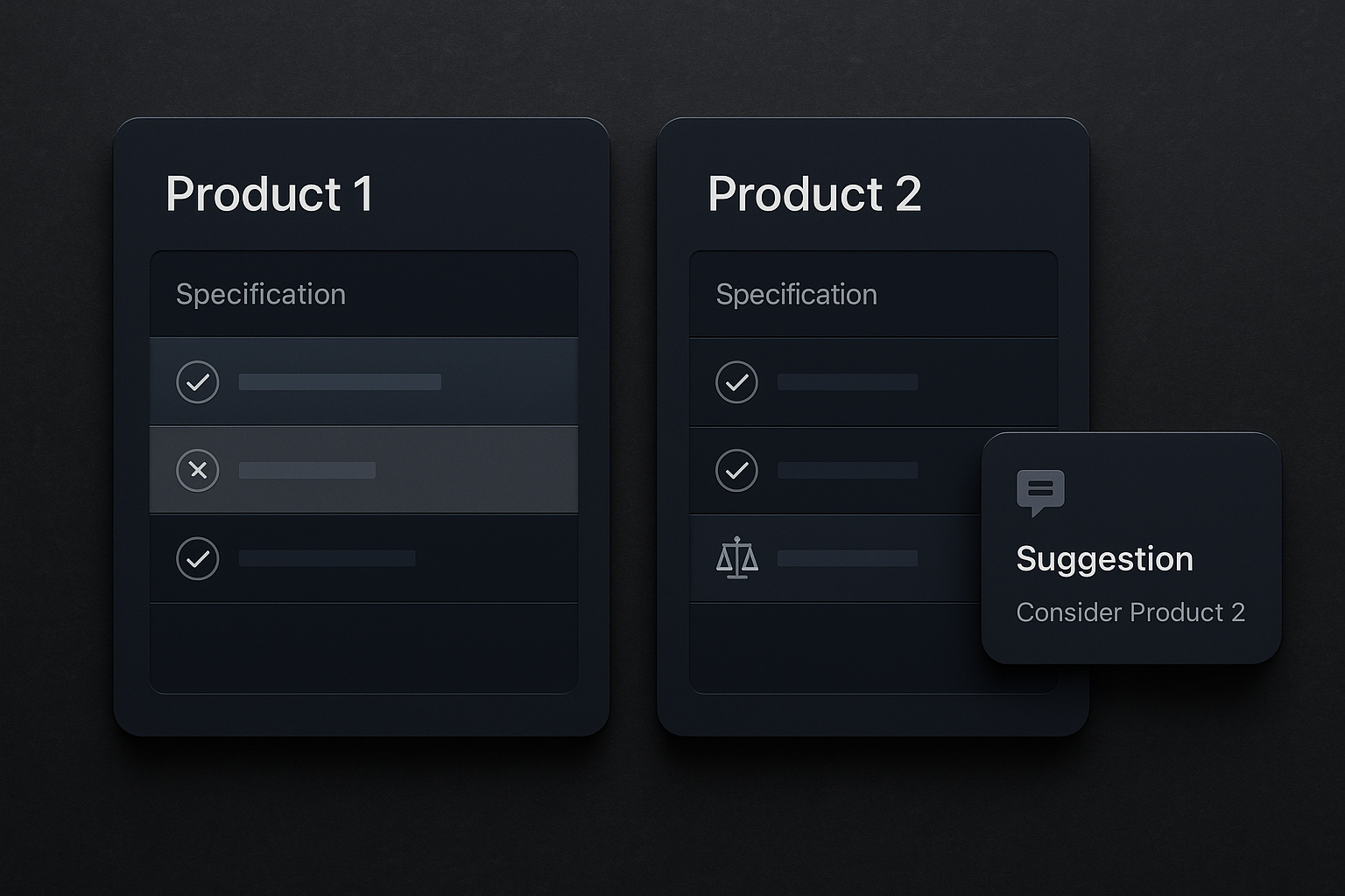 Side-by-side product comparison UI on a dark background