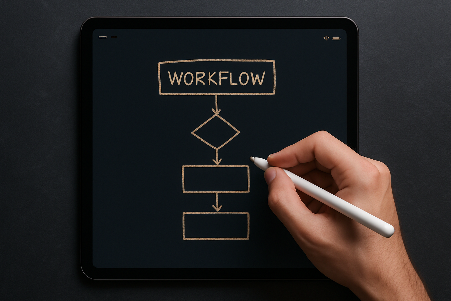 A designer sketching a simple workflow diagram on a tablet