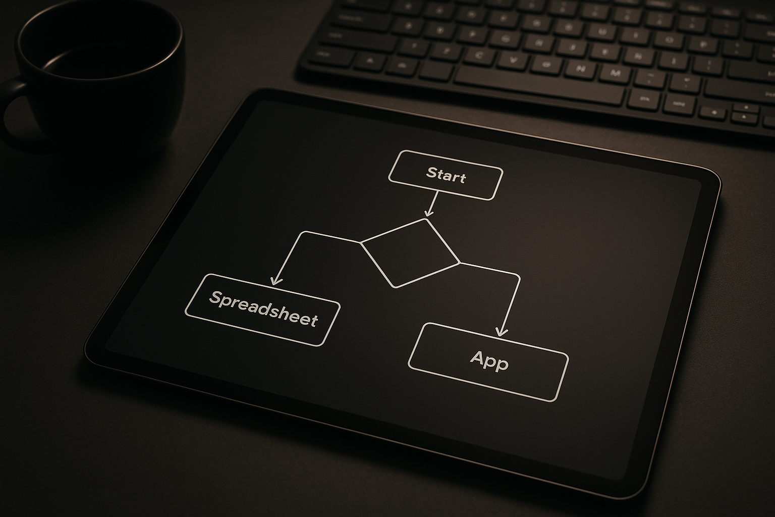 Decision flowchart on a tablet deciding between spreadsheet and app