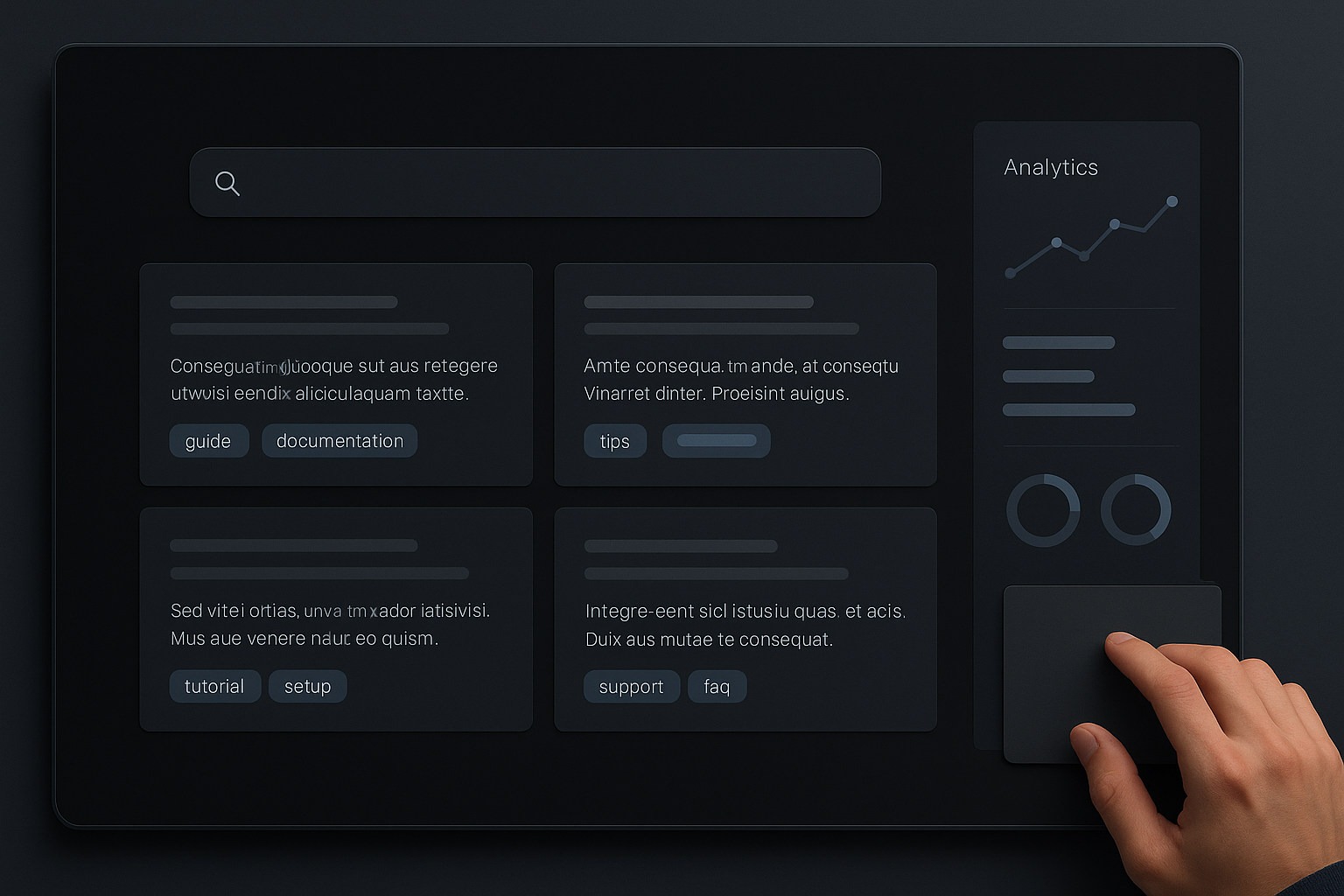 Searchable knowledge base interface on a dark dashboard