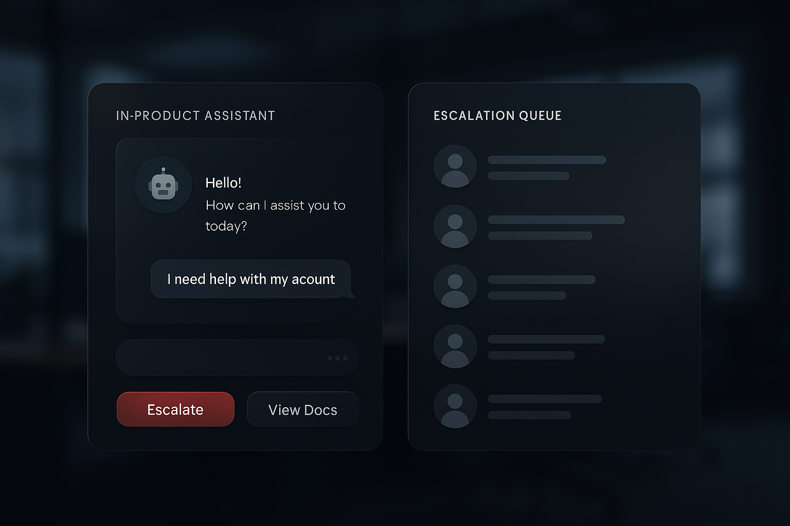 In-product assistant chat and human agent escalation screen
