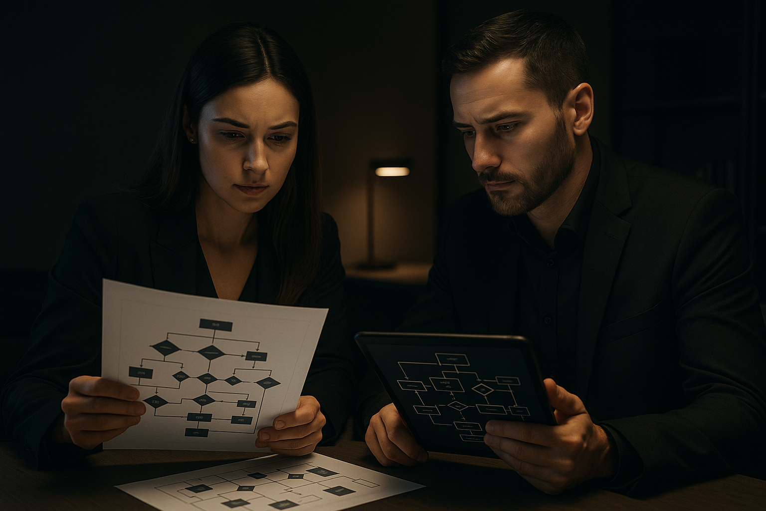 Two professionals reviewing a decision map on a tablet