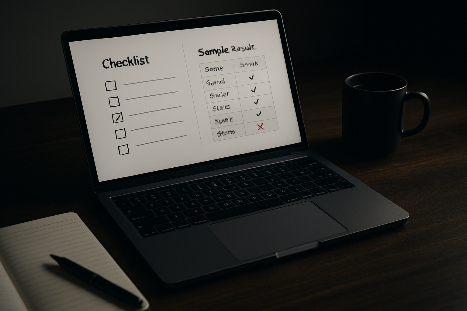 Validation checklist on a laptop next to a notebook and coffee