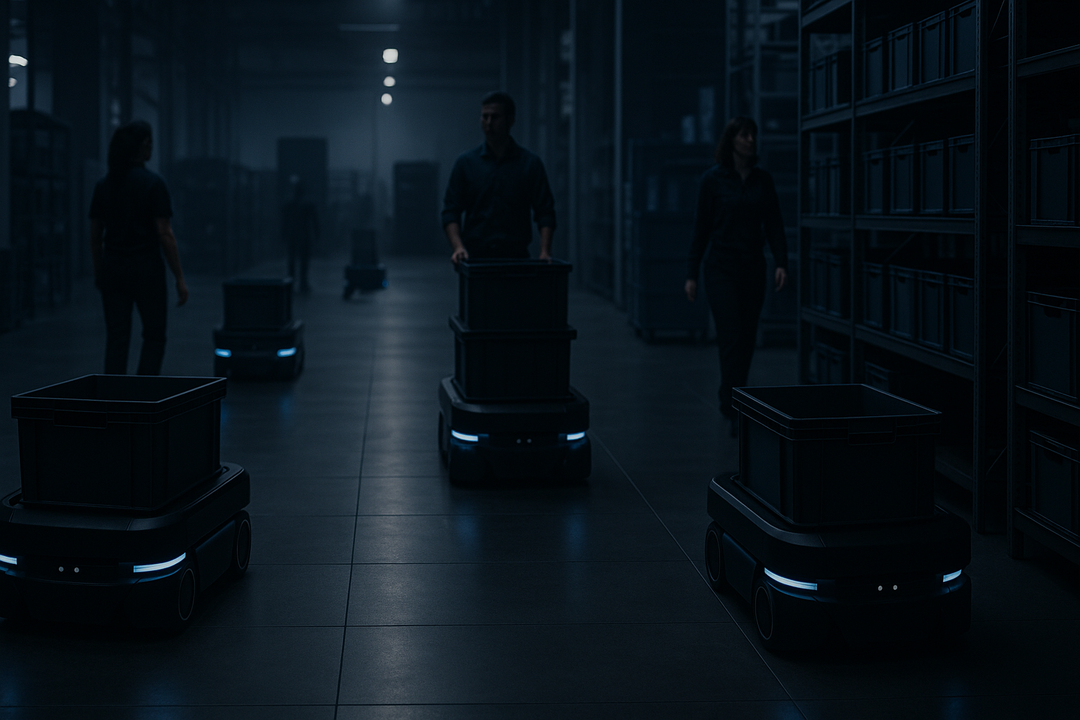Fleet of mobile robots on a warehouse floor with human workers nearby
