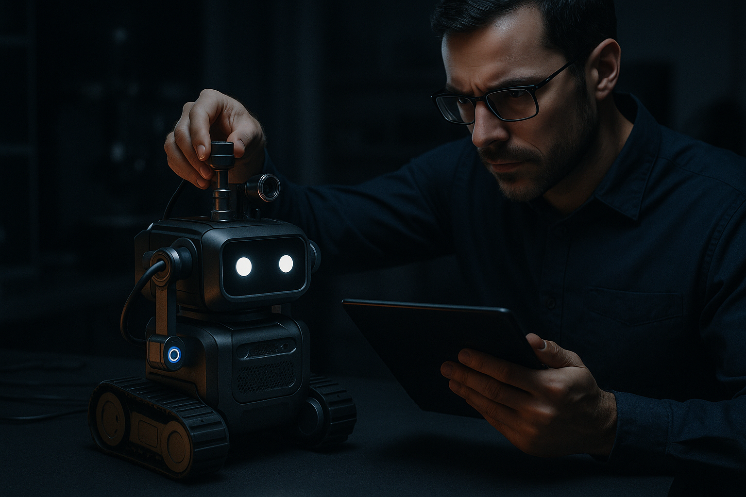 Engineer testing a compact service robot in a lab