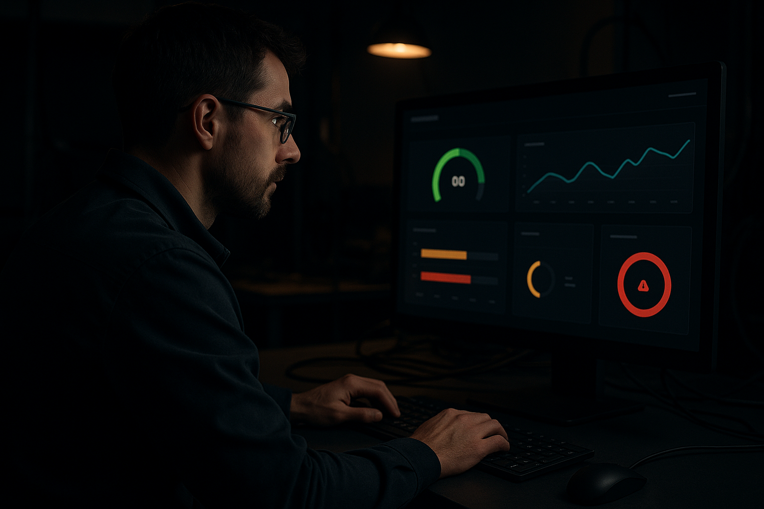 Engineer monitoring a dashboard with simple metrics and alerts