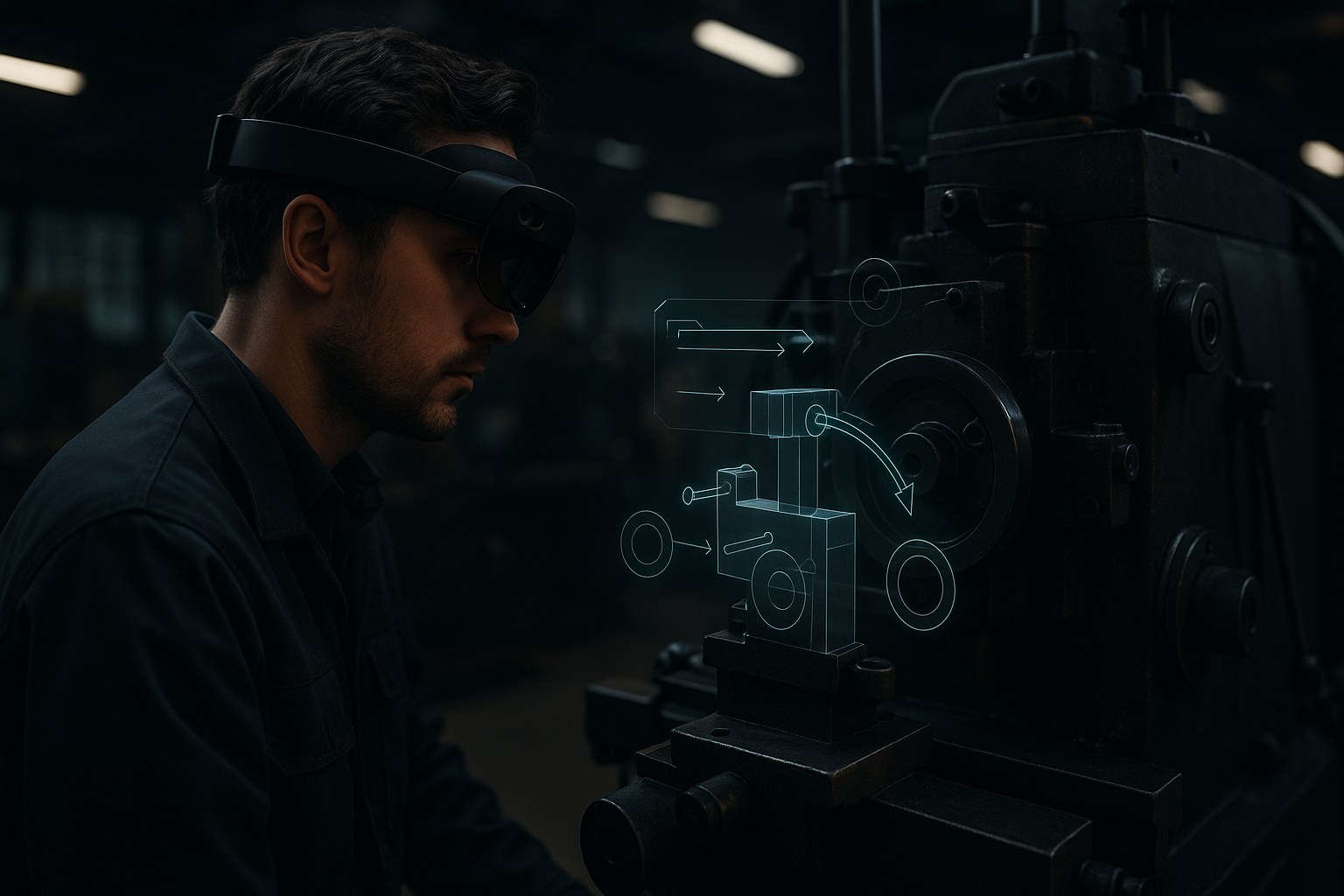 Engineer using AR headset with technical overlay