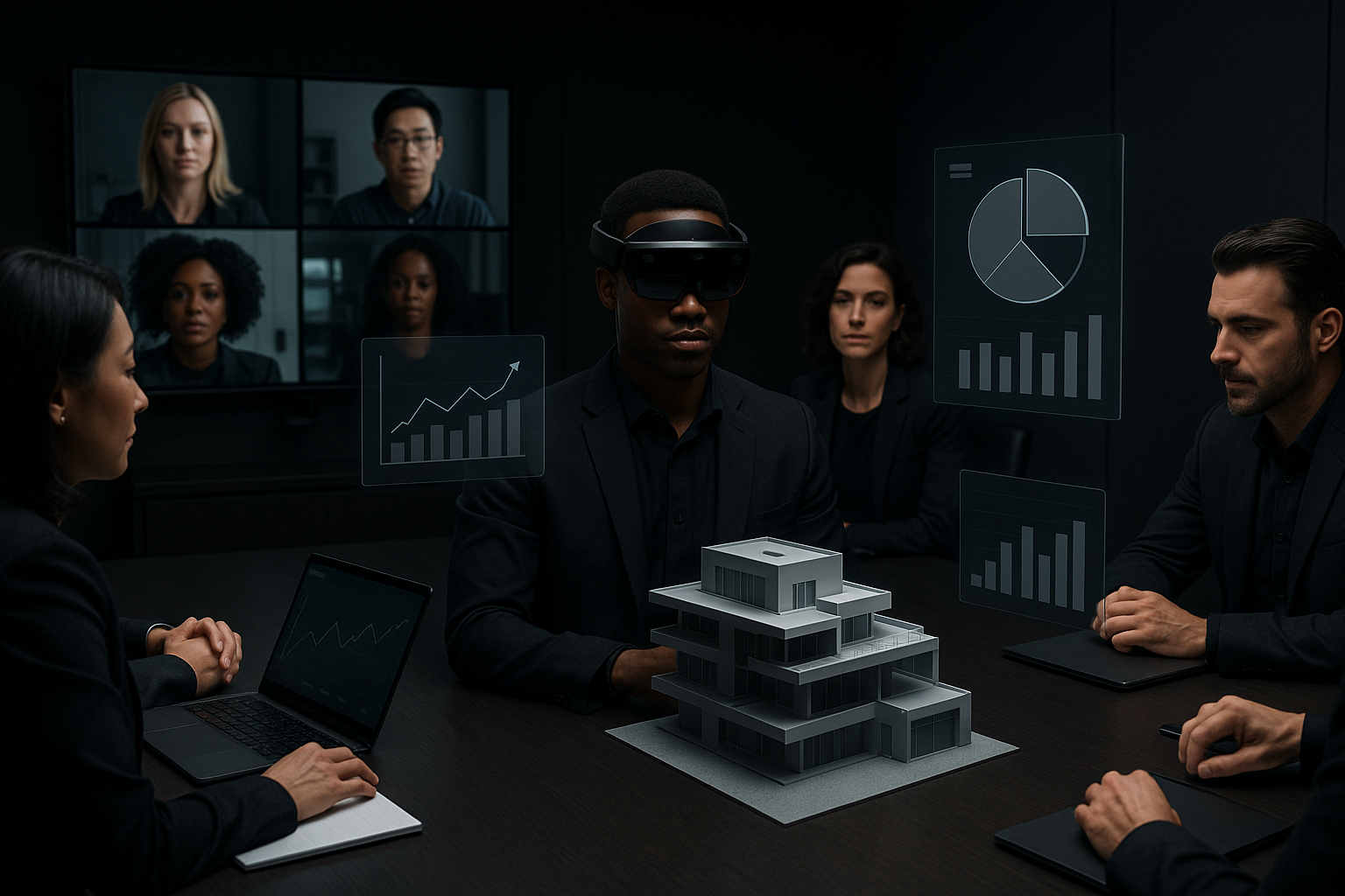 Remote team collaborating in a hybrid meeting with spatial dashboards