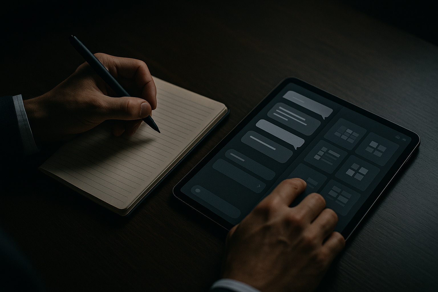Hands switching between notebook and tablet