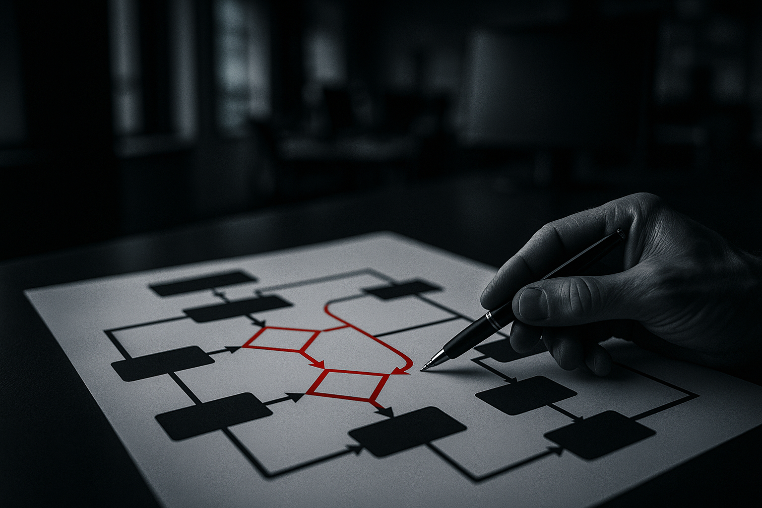 Printed workflow diagram with exception paths highlighted