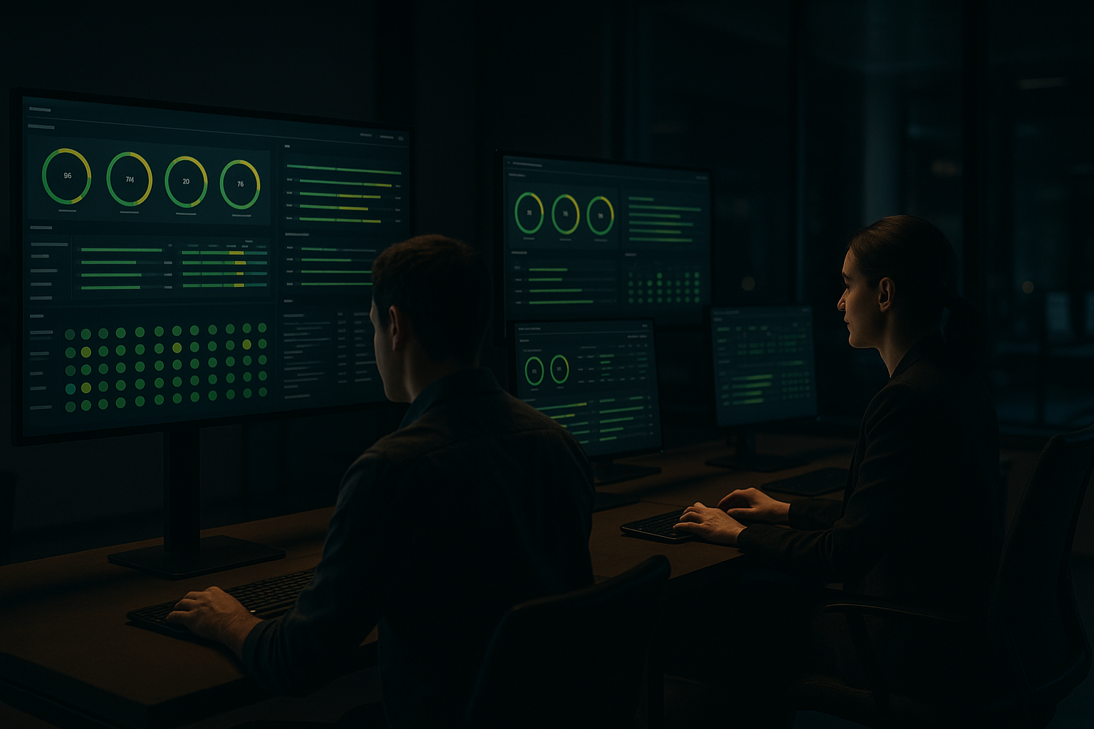 Calm operations center with two people watching monitoring dashboards