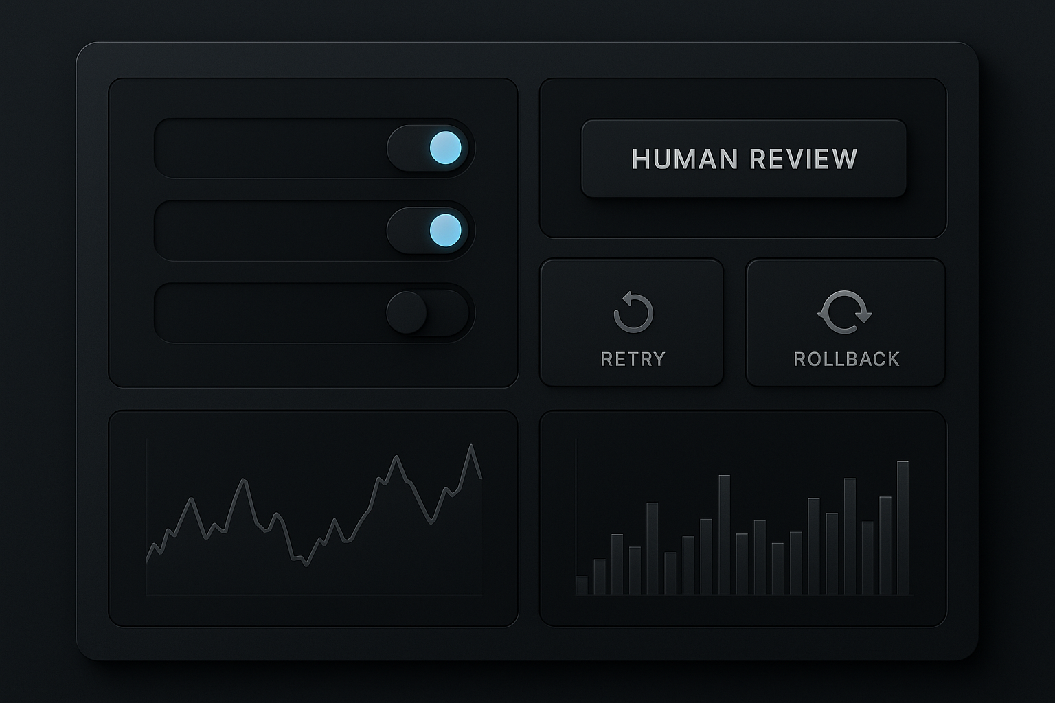 Admin control panel with toggles and monitoring charts