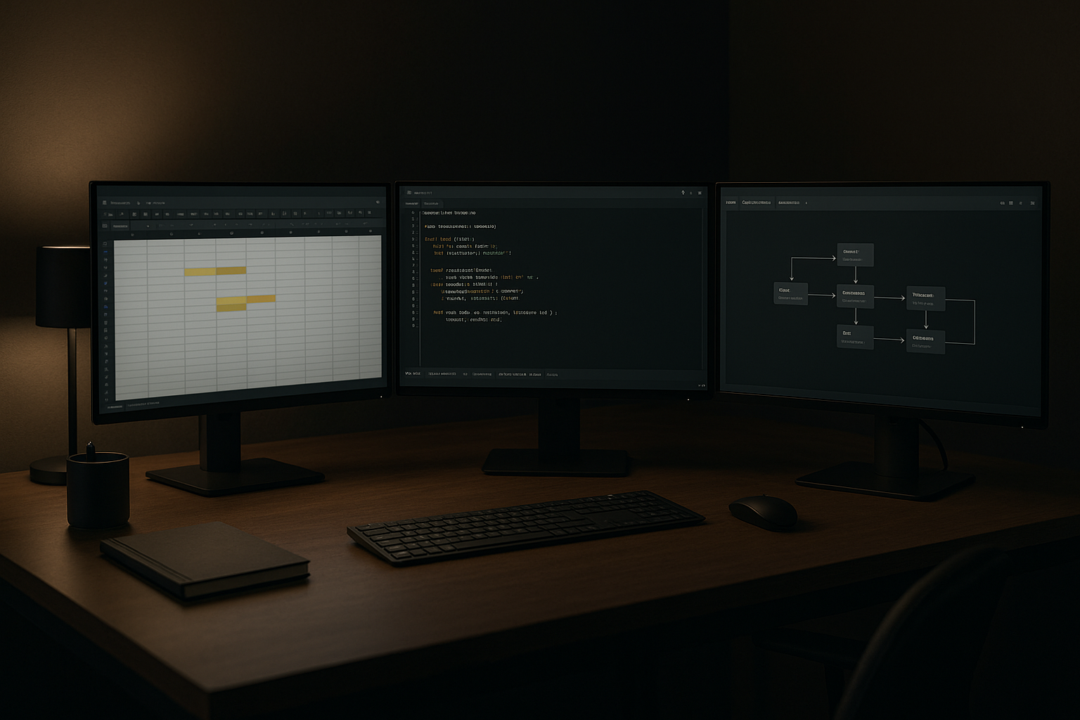 Modern workspace blending spreadsheets, scripts, and agent dashboards