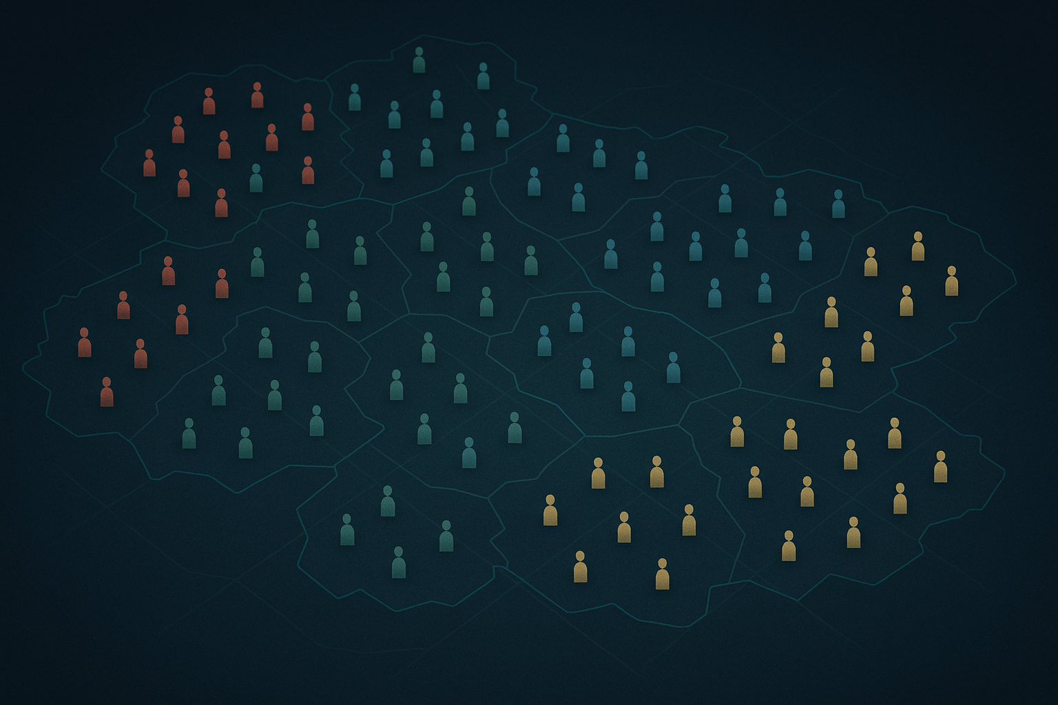Screenshot-style illustration of many small agent icons scattered across a company map