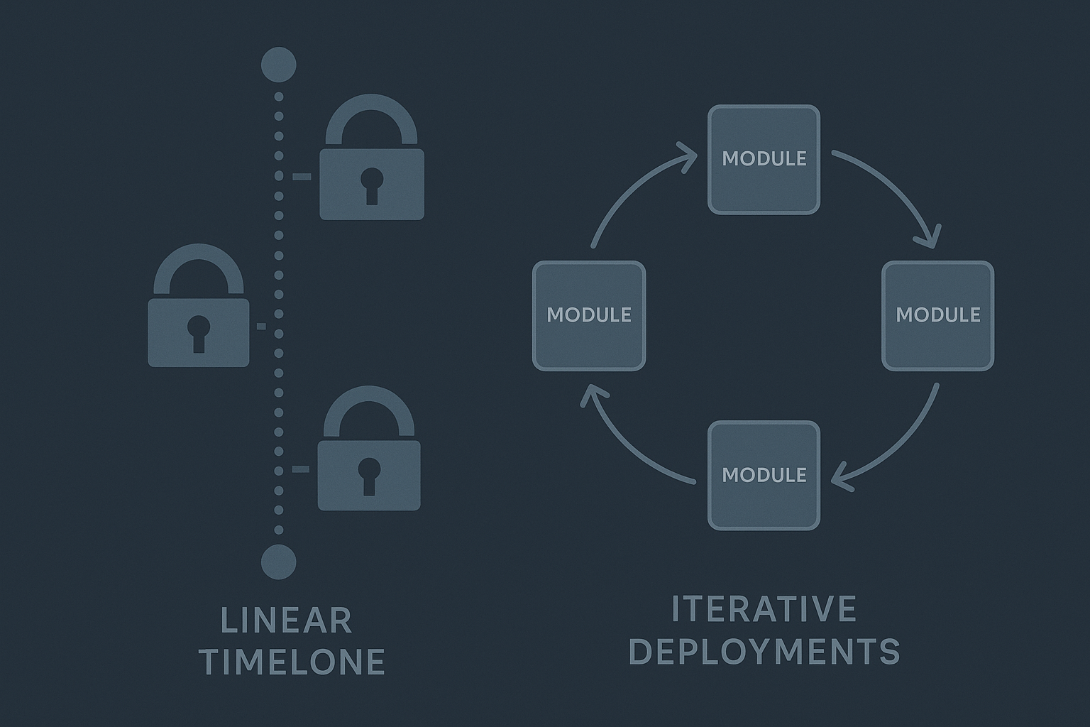 Diagram contrasting long rollout timelines with modular workflow iterations