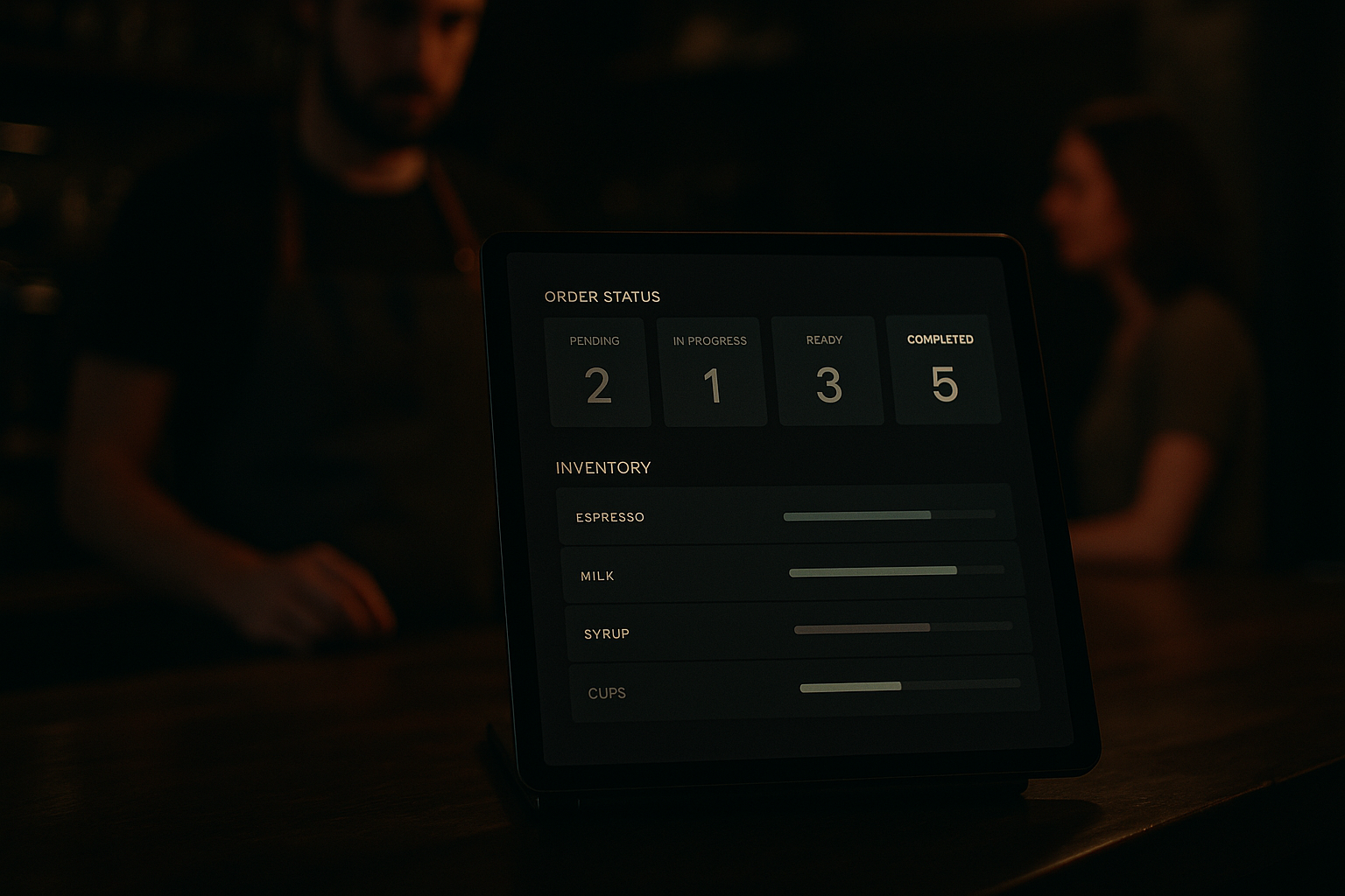 Tablet-based customer dashboard at a cafe counter