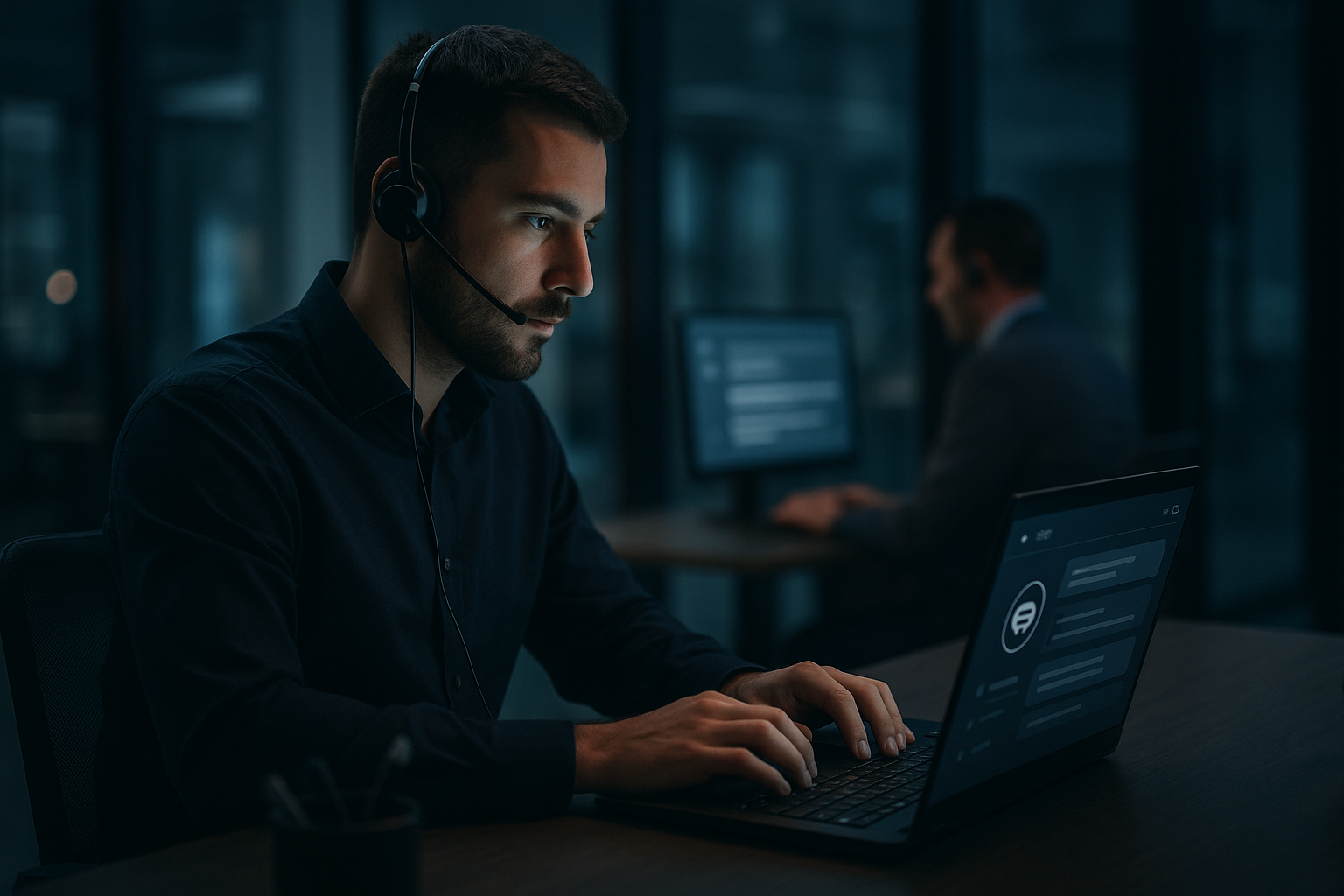 Support agent using an assistant on a laptop