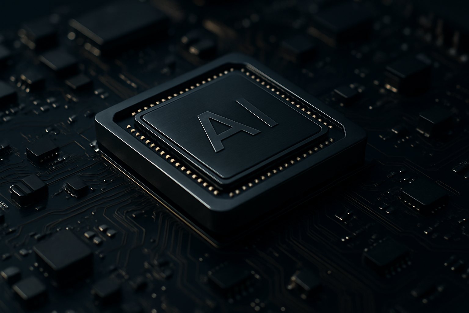 Close-up of a modern AI accelerator chip on a circuit board