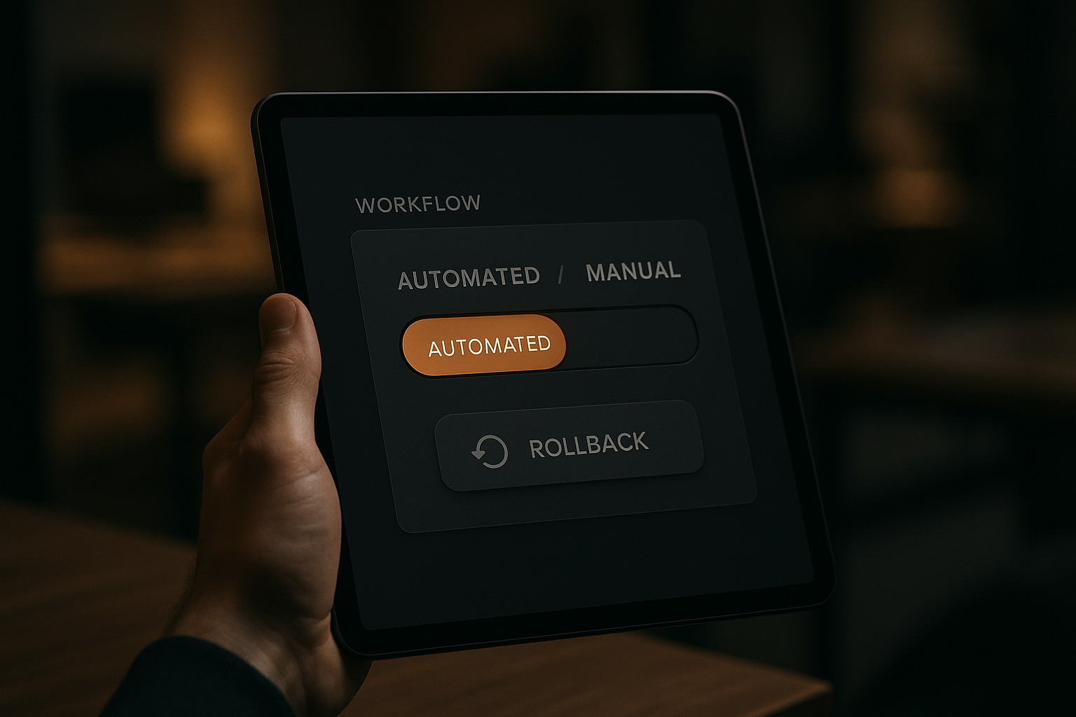 Person using a tablet to switch from automated to manual mode in a workflow