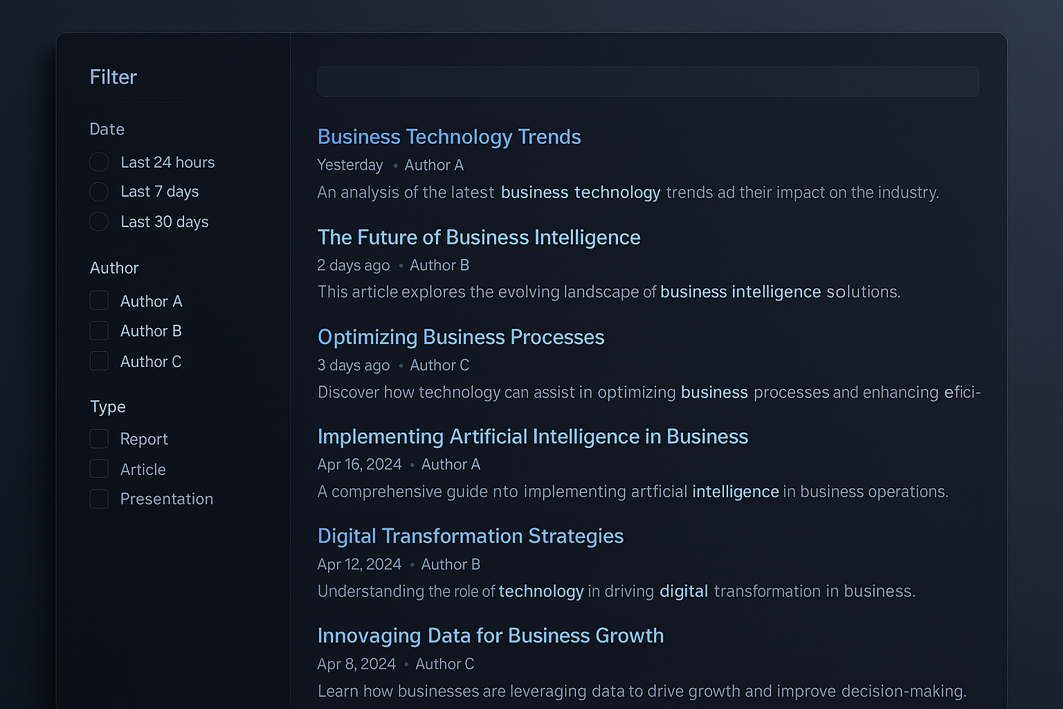 Faceted search interface with filters and result list in a dark, professional UI