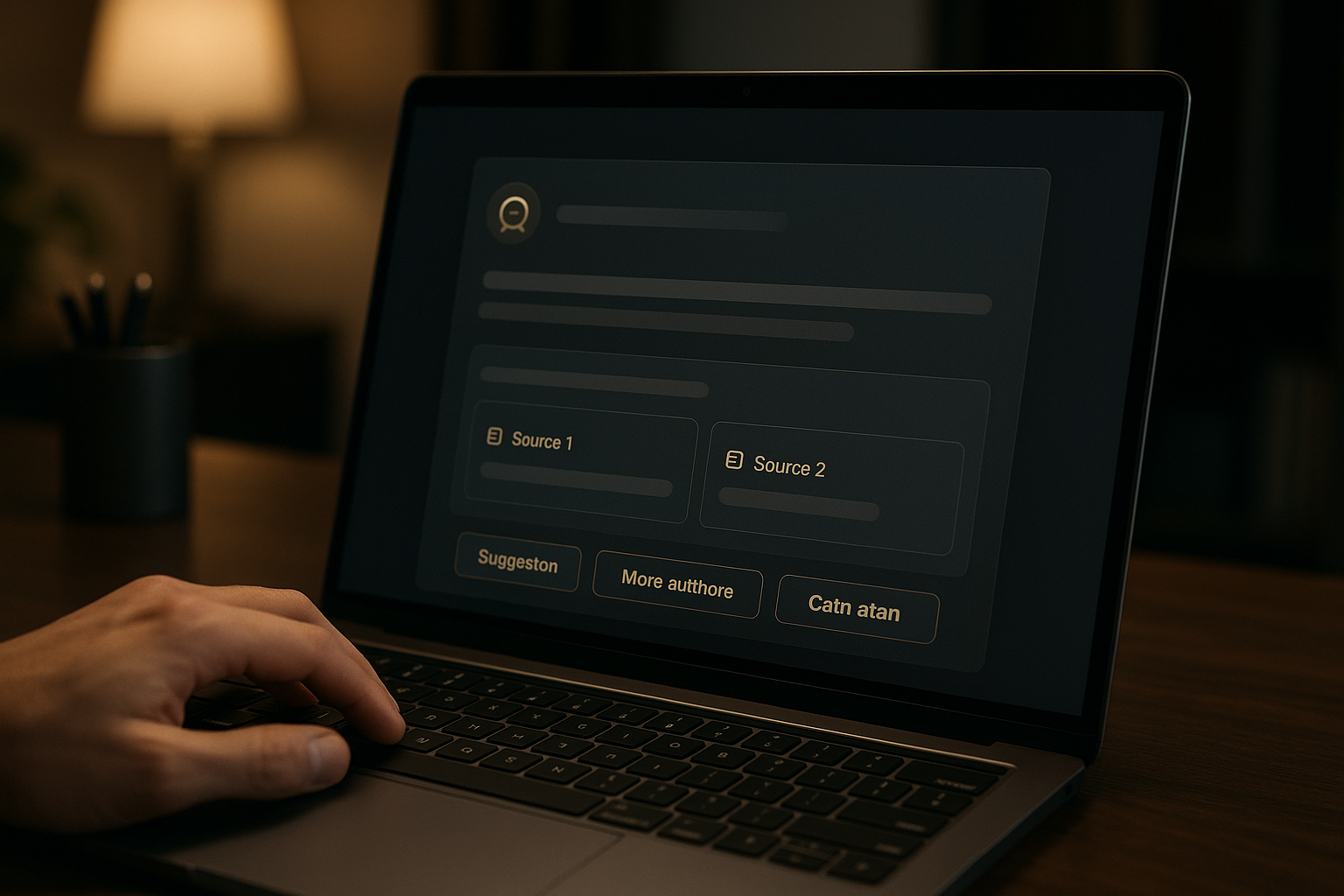 Conversational AI interface on a laptop with source cards and follow-up options
