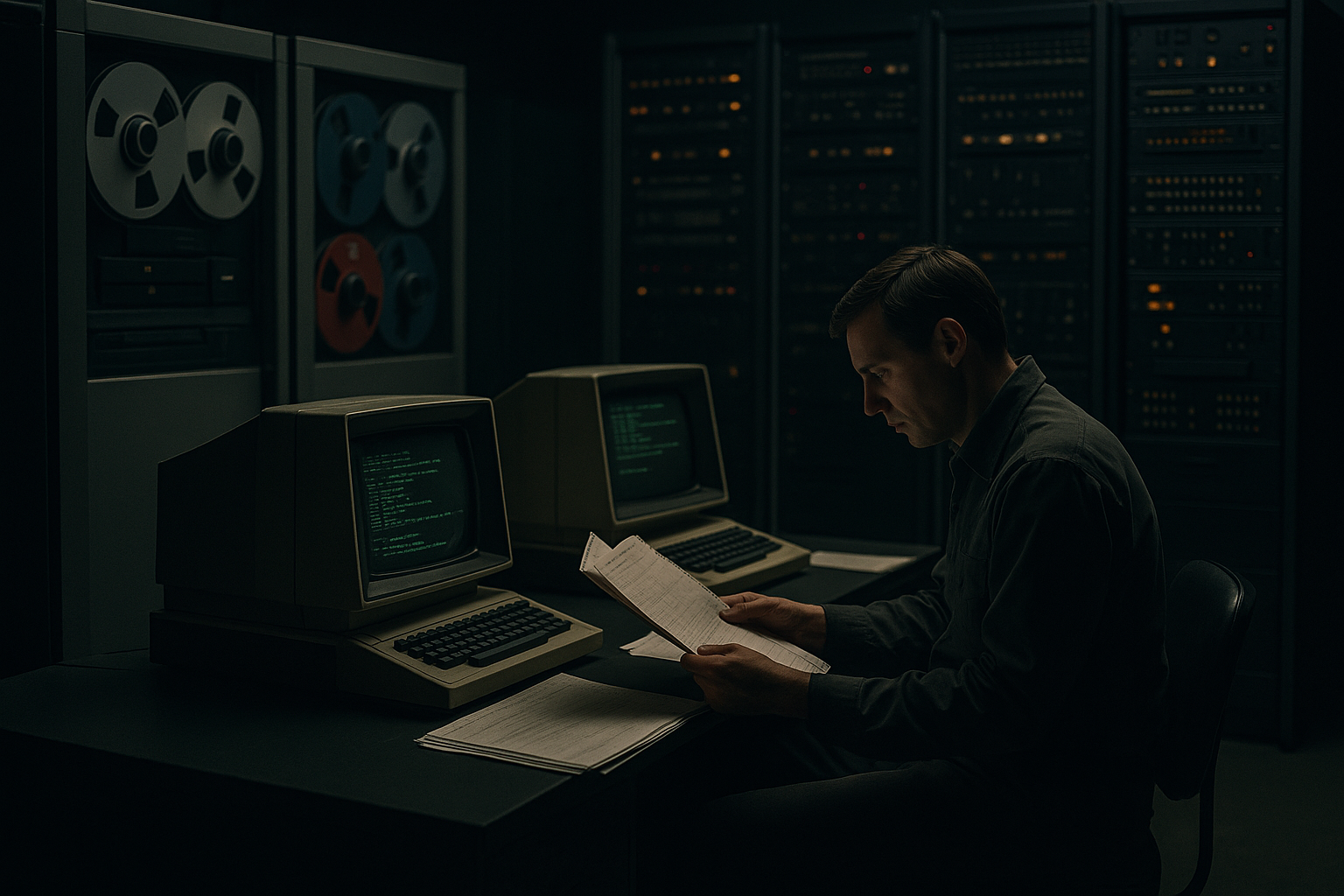 A dim mainframe control room with racks and vintage terminals