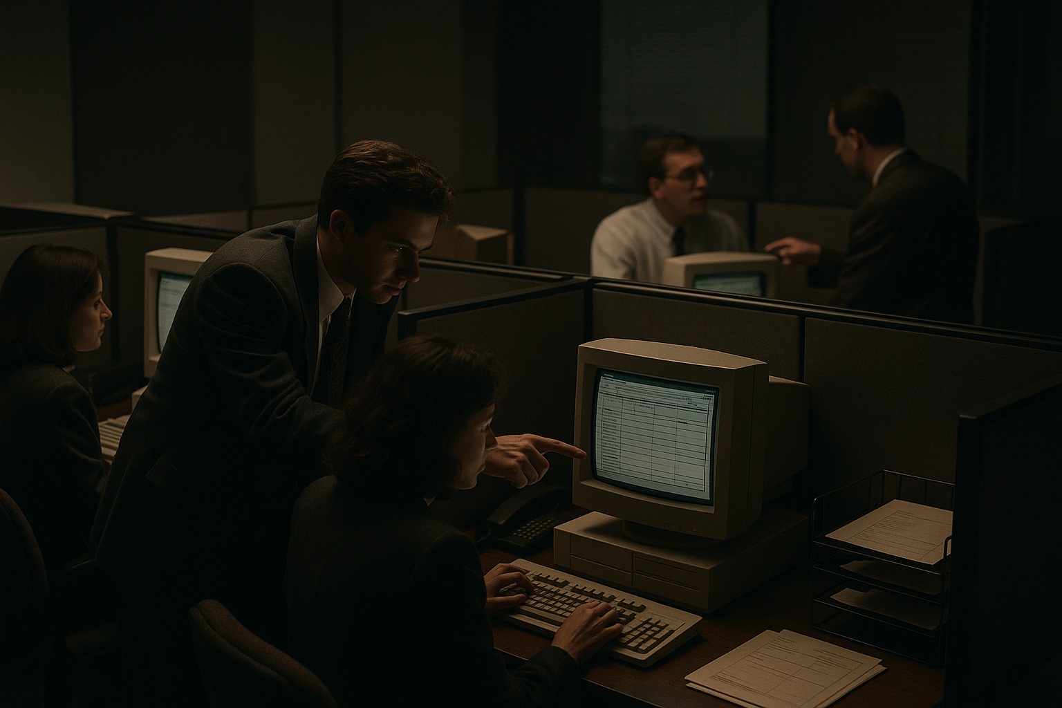 Office desks with early desktop PCs, spreadsheets on screens, and people collaborating