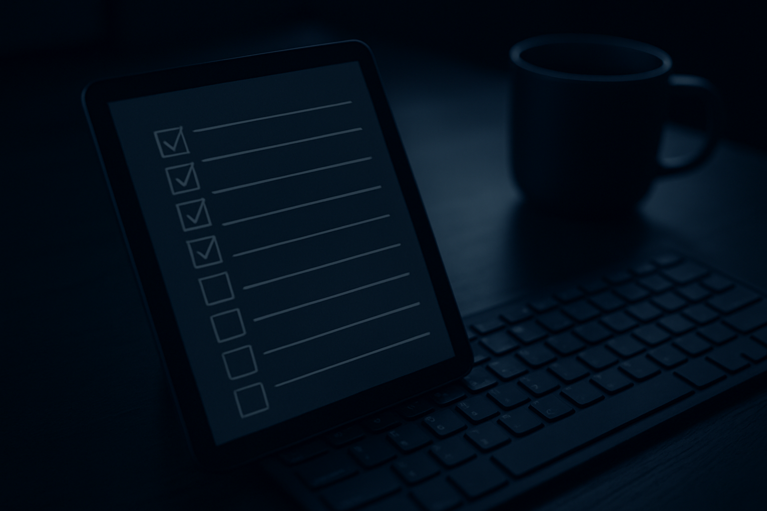 Checklist on a tablet next to coffee and keyboard