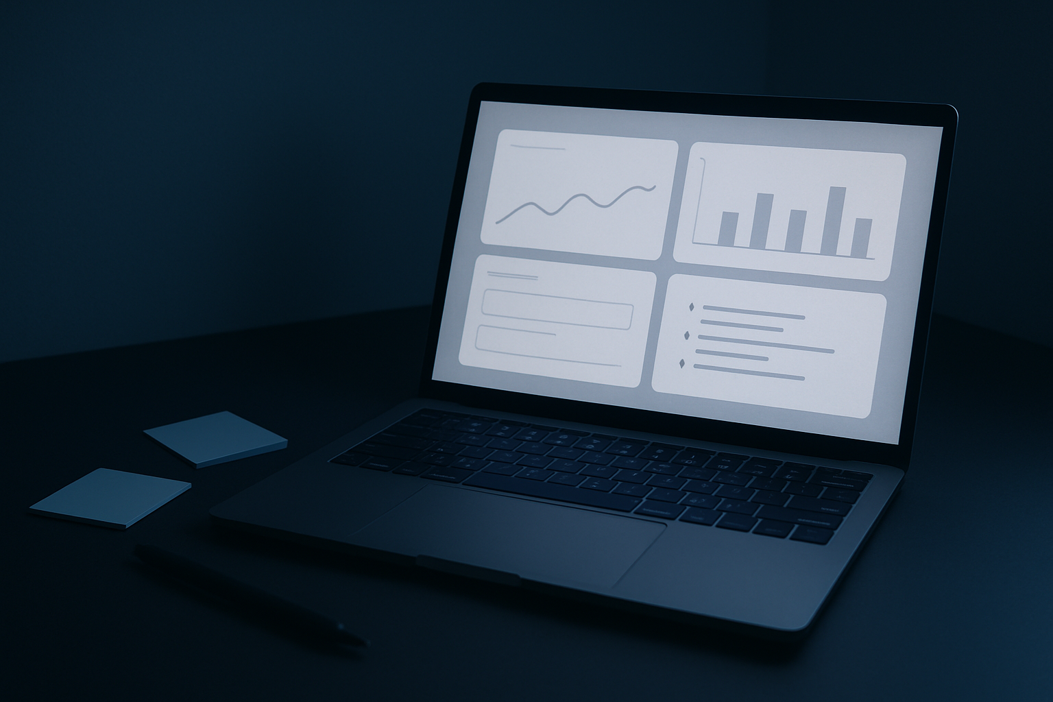 Prototype dashboard on a laptop with sticky notes