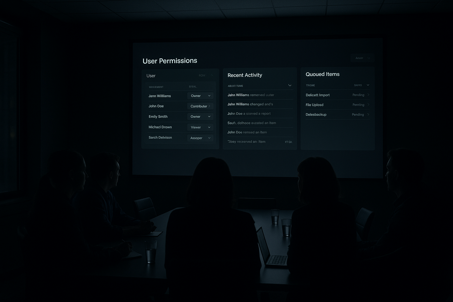Team reviewing a dashboard with permissions and audit trails
