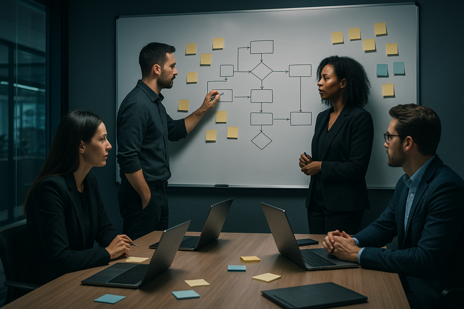 Team mapping a process on a whiteboard