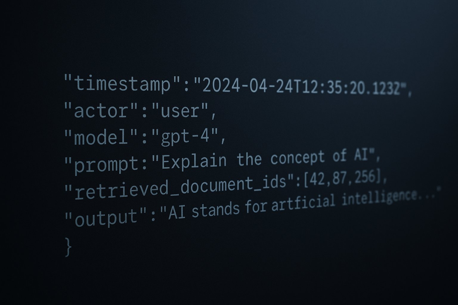 Structured event log excerpt showing fields like actor, model, prompt, and output