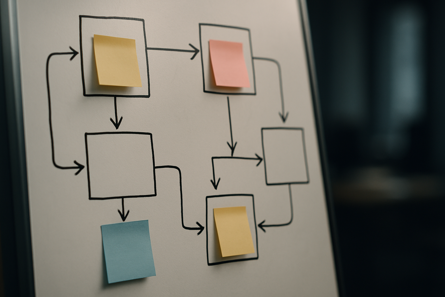 Hand-drawn workflow on a whiteboard with sticky notes
