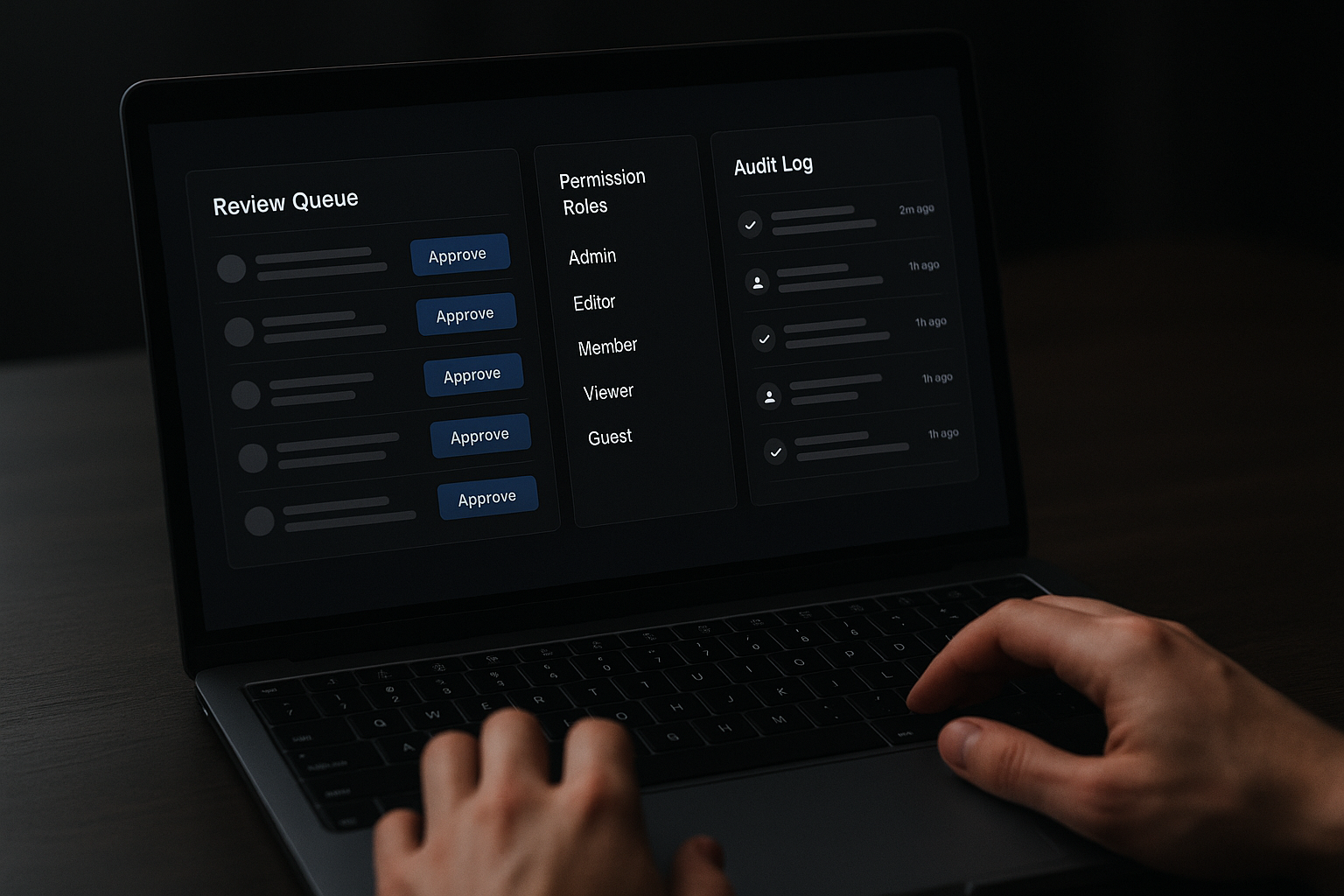 Dashboard showing a review queue and permissions panel