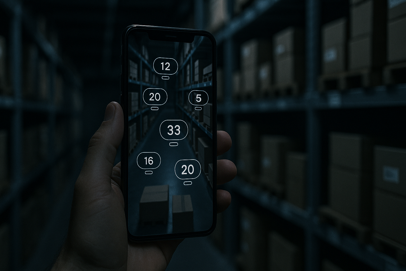 Smartphone scanning storage shelves with augmented inventory overlays