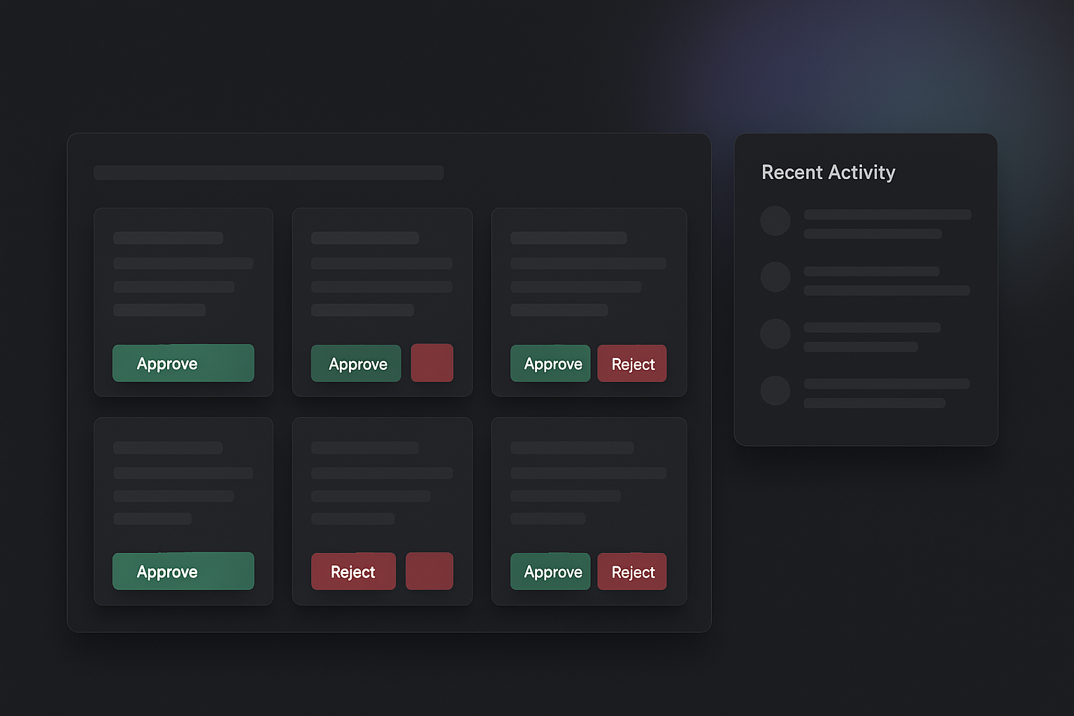 Approval dashboard with cards and action buttons