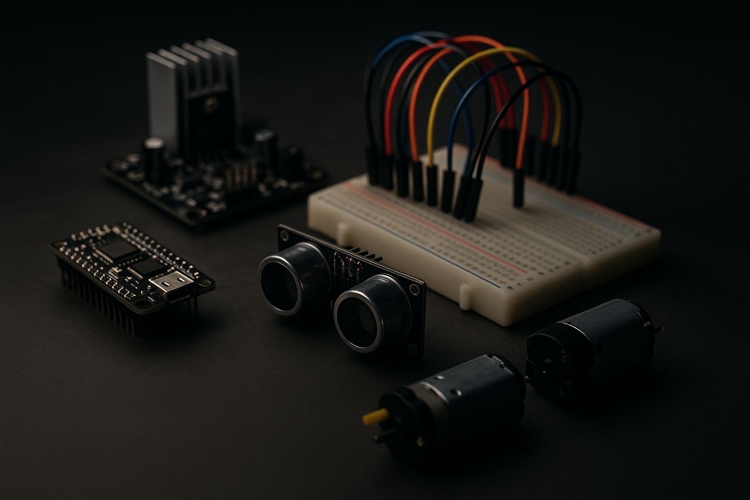 Workbench view with microcontroller, motor driver, and sensors