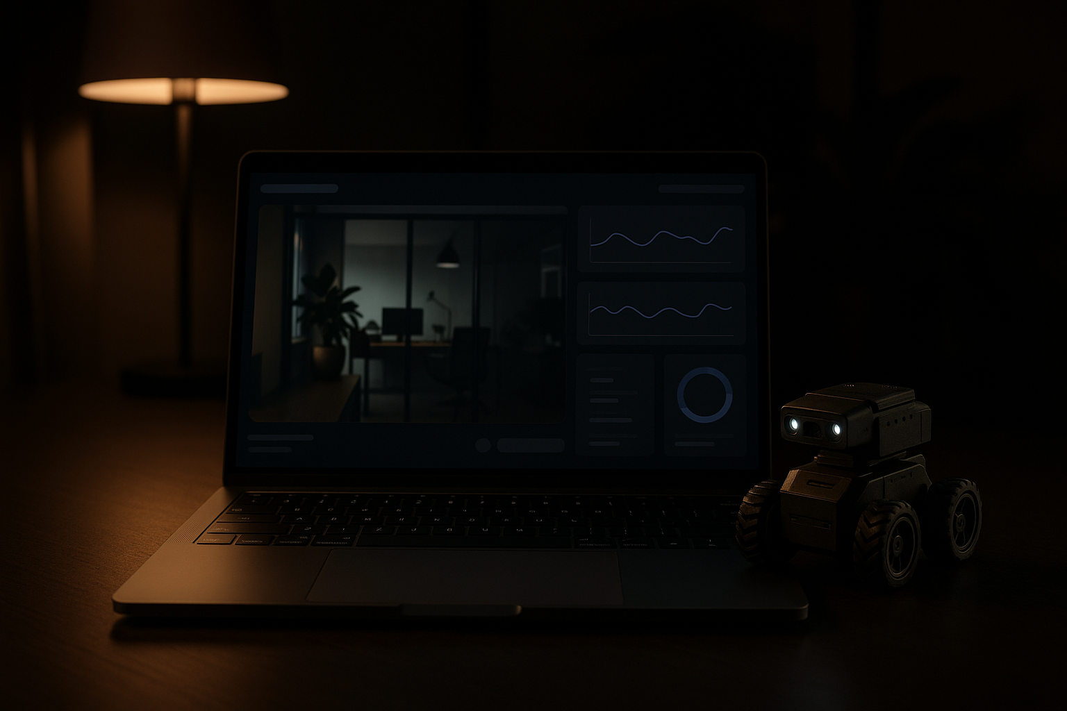 Laptop running robot camera feed with robot beside it
